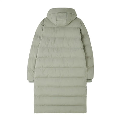 Long light sage green Lighthouse Savannah Coat with hood, perfect for chilly days