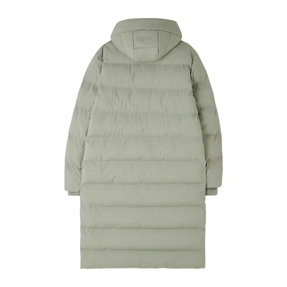 Long light sage green Lighthouse Savannah Coat with hood, perfect for chilly days