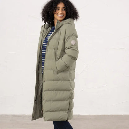 Long olive green Lighthouse Savannah Coat with hood, perfect for chilly days