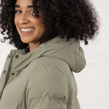 Woman in sage green Lighthouse Savannah Coat with hood, stylish Savannah coat look