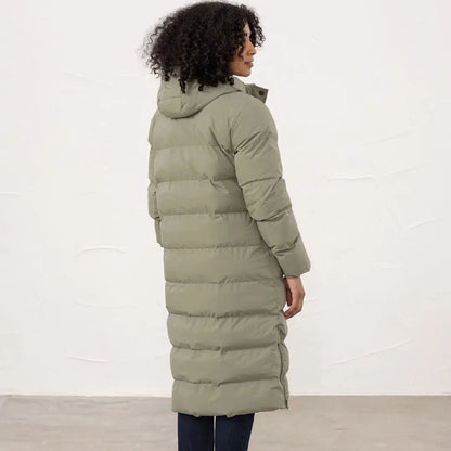 Long sage green lighthouse Savannah coat with hood, perfect for chilly days