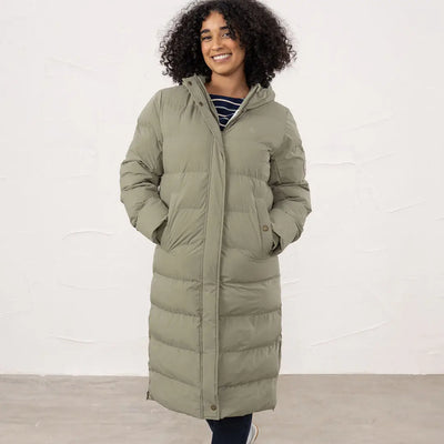 Long sage green Lighthouse Savannah Coat with hood perfect for chilly days