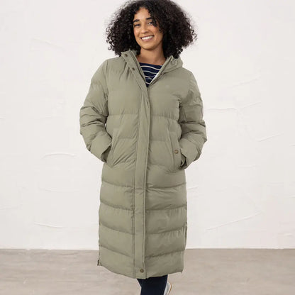 Long sage green Lighthouse Savannah Coat with hood perfect for chilly days