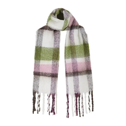 White pink green plaid Lighthouse Scarf with fringe, perfect for country clothing or hunting