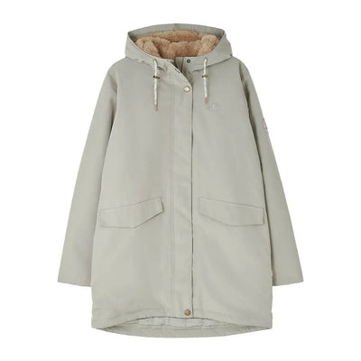 Light grey Lighthouse Scarlet Ladies Coat with tan faux-fur lining, perfect for outdoors
