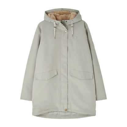 Light grey Lighthouse Scarlet Ladies Coat with tan faux-fur lining, perfect for outdoors