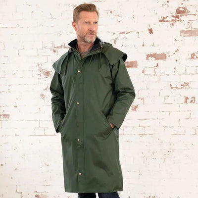 Green hooded Lighthouse Stockman full length rain coat perfect for wet weather adventures