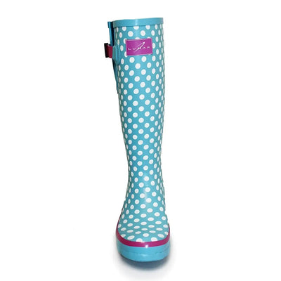 Tall blue polka dot wellingtons with white dots and pink trim from Lunar Polka Dot