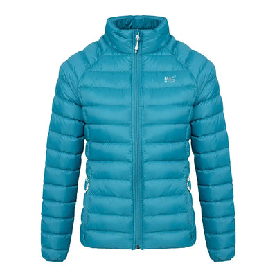 Teal puffy down jacket with full-length zipper for country clothing enthusiasts outdoors