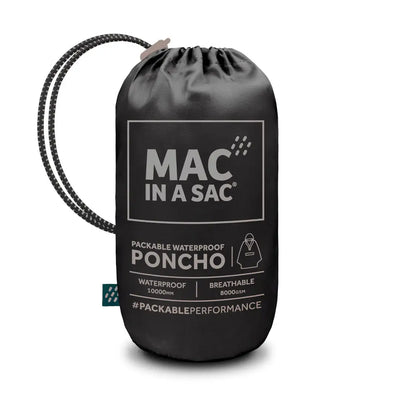 Packable waterproof Mac In A Sac Origin poncho with wrist straps in storage bag
