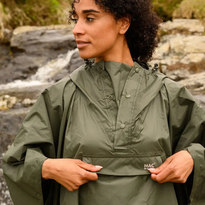 Olive green waterproof Mac In A Sac Origin 2 Poncho with hood, perfect for drizzly days