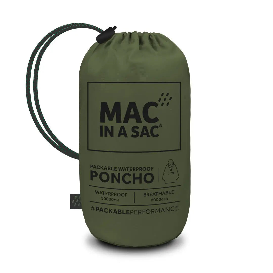 Olive green drawstring bag with Mac In A Sac Origin Poncho for waterproof protection