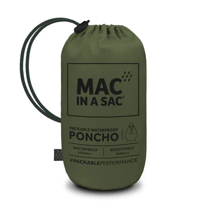 Olive green drawstring bag with Mac In A Sac Origin Poncho for waterproof protection