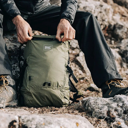 Olive green lightweight Mac in a Sac Travelite Backpack perfect for adventures