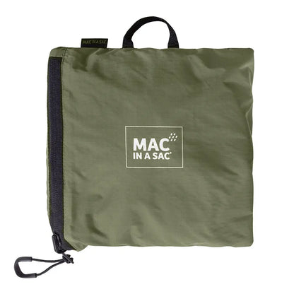Folded olive green rain jacket in a Mac in a Sac Travelite Backpack ready for adventure