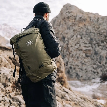 Olive green Mac in a Sac Travelite Backpack, perfect for travel adventures