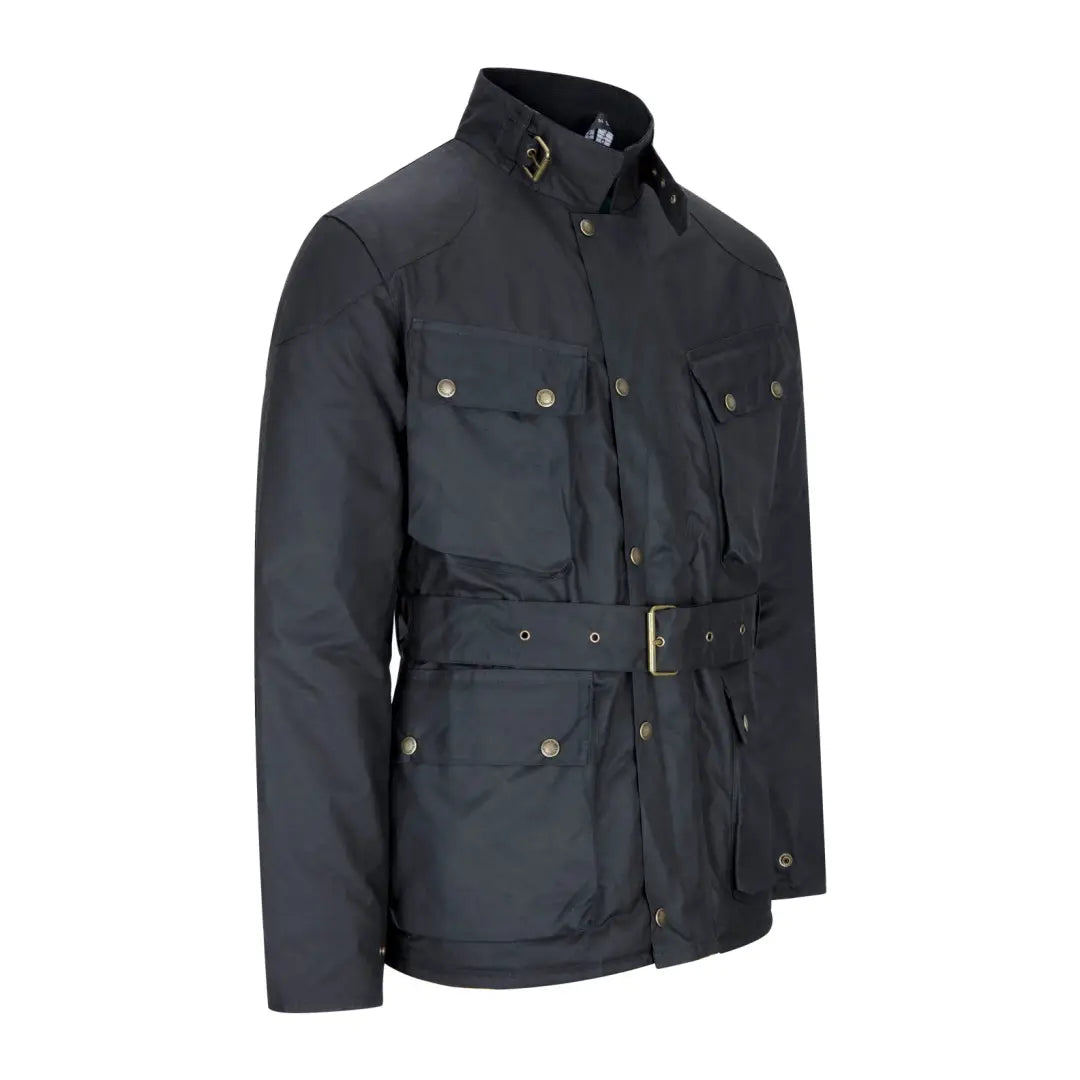 Dark blue belted Mens Biker Wax Jacket with pockets and high collar for rugged style
