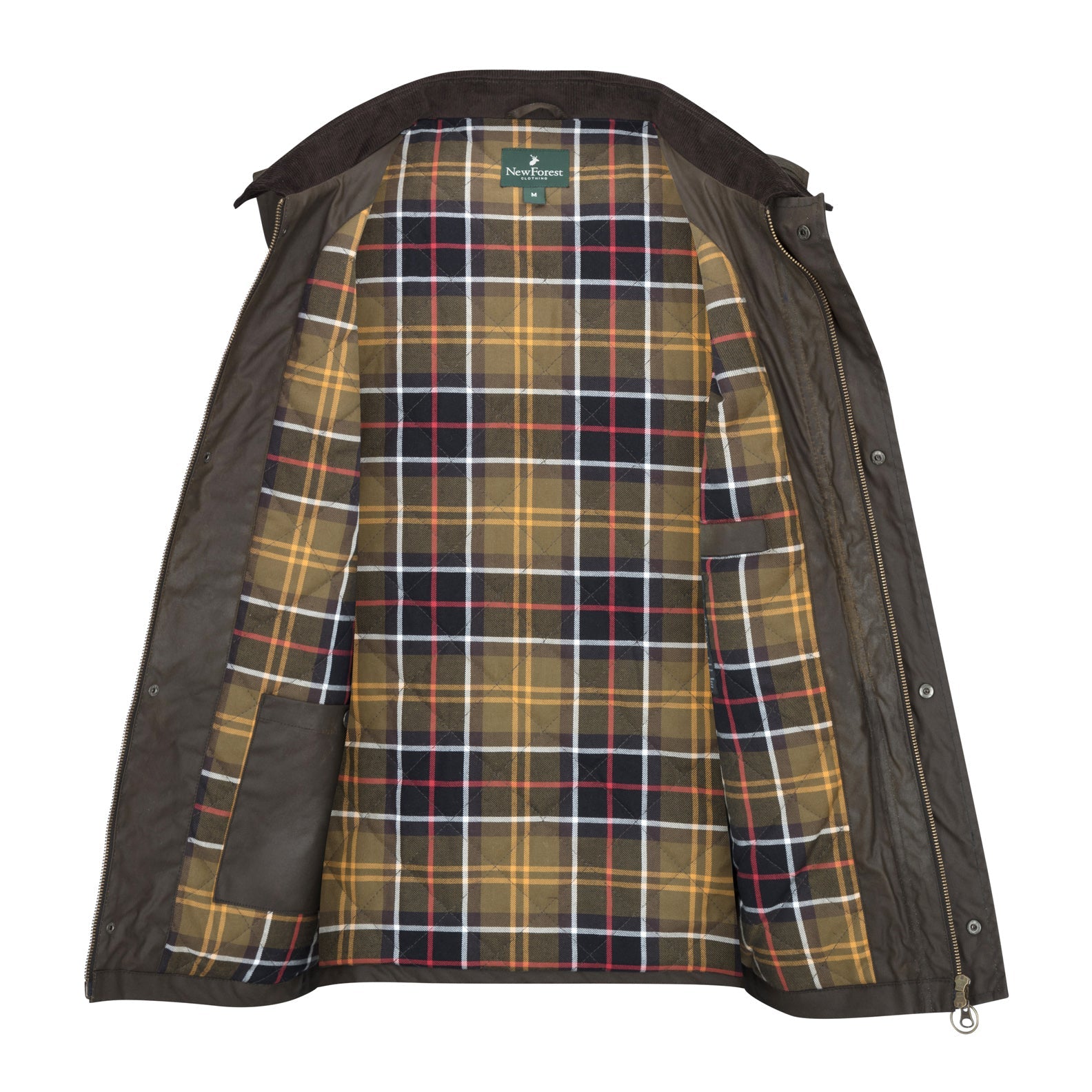 Open brown jacket with plaid lining from the New Forest Bushman Wax Gilet collection