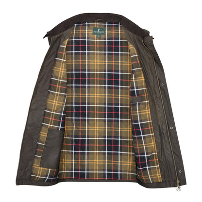 Open brown jacket with plaid lining from the New Forest Bushman Wax Gilet collection