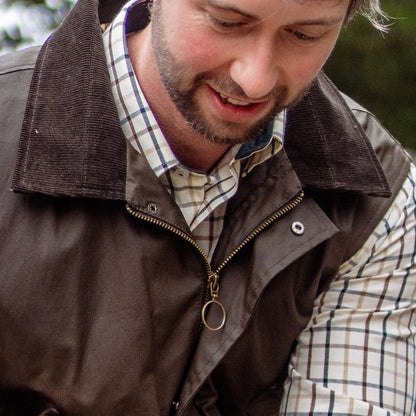 Brown corduroy-collared vest from the New Forest Bushman Wax Gilet collection