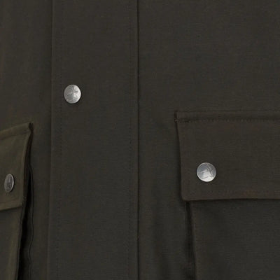 Olive green jacket detail from New Forest Bushman Wax Gilet showcasing forest bushman wax style