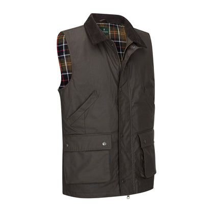 Olive green Bushman Wax Gilet with plaid lining perfect for forest adventures
