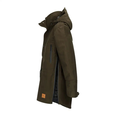 Olive green hooded parka in New Forest Country Sport Smock style, perfect for outdoor adventures