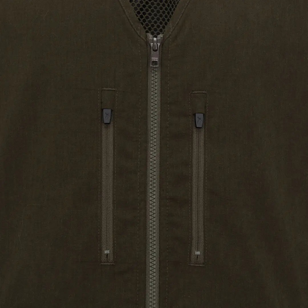 Dark olive green waxed canvas forest dog training vest with silver zipper