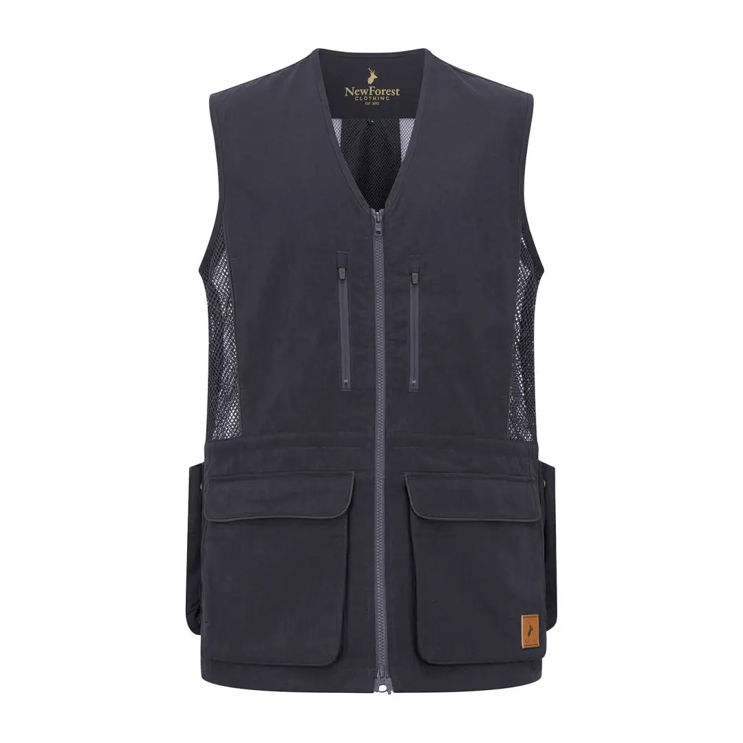 Black New Forest dog training vest with mesh panels and pockets