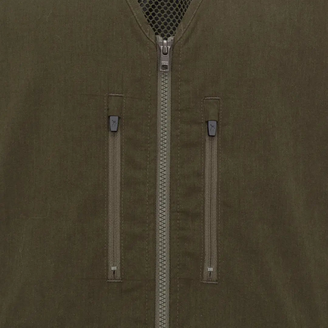 Olive green forest dog training vest with silver zipper and pockets