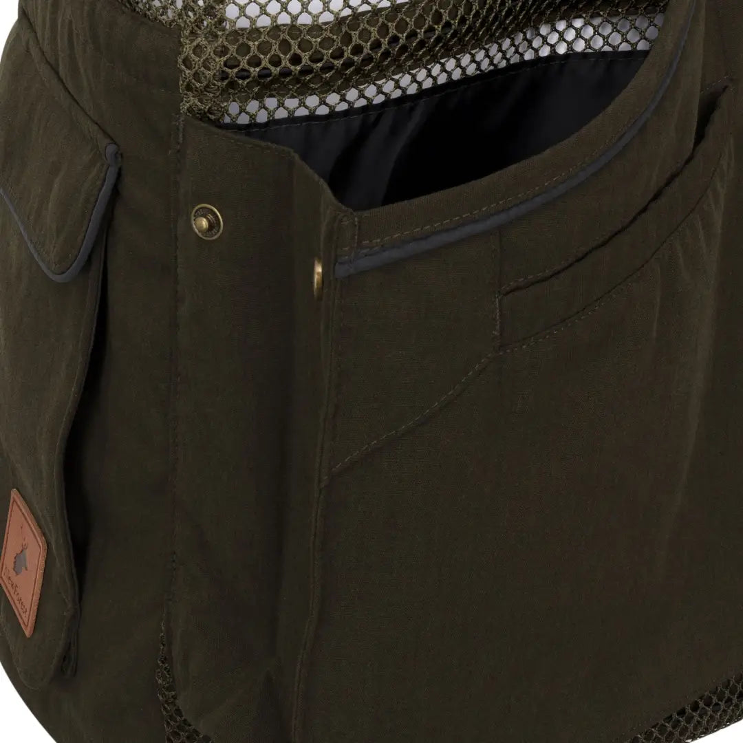 Olive green forest dog training vest with mesh lining and brass snaps