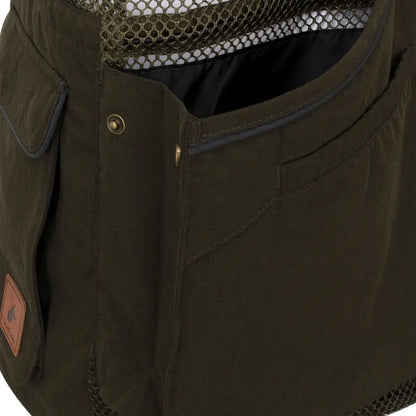 Olive green forest dog training vest with mesh lining and brass snaps