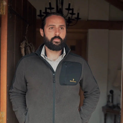 Man in gray Forest Fallow Fleece jacket from New Forest Fallow collection