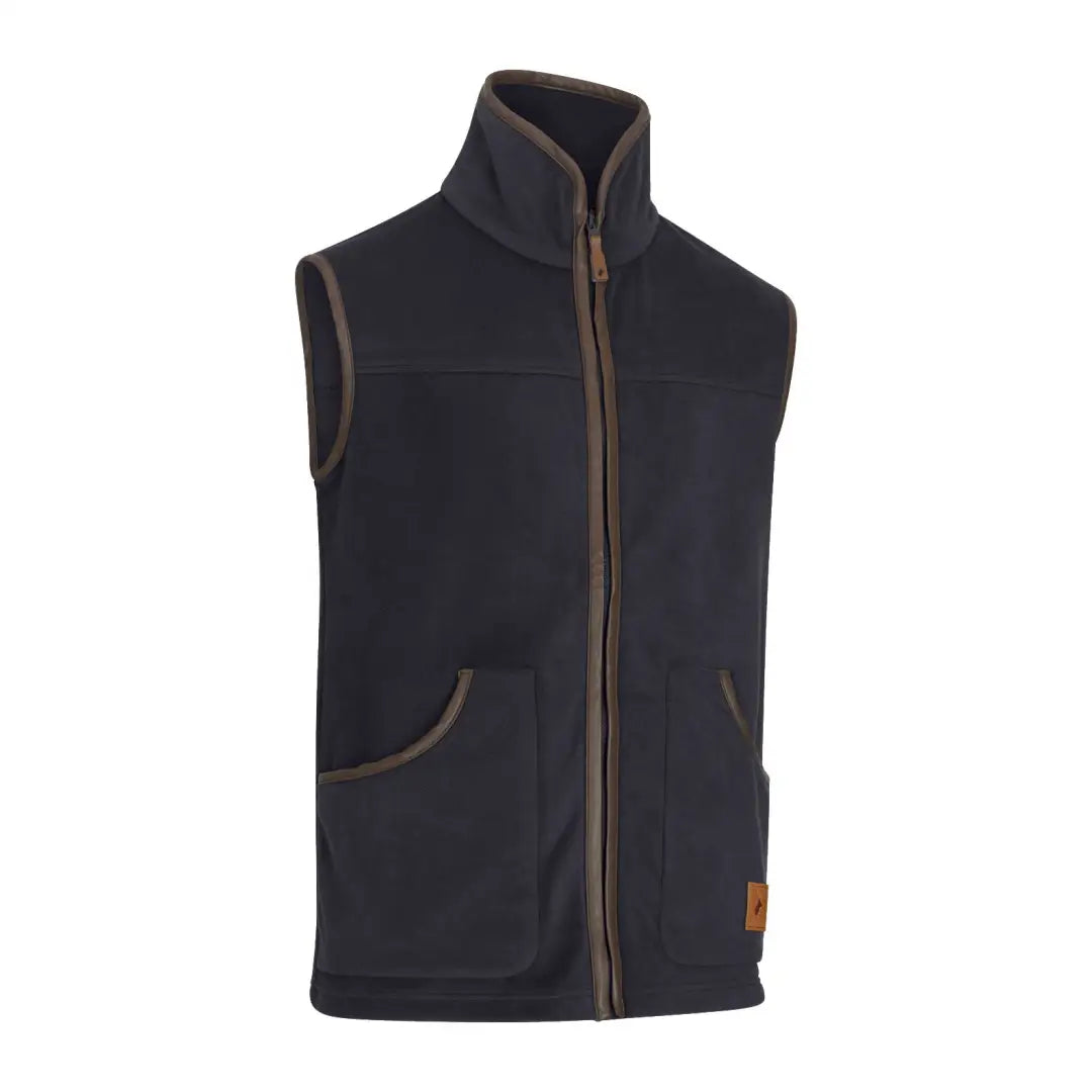 Navy fleece gilet with brown trim, perfect for outdoor adventures in the forest fleece