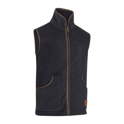 Navy fleece gilet with brown trim, perfect for outdoor adventures in the forest fleece