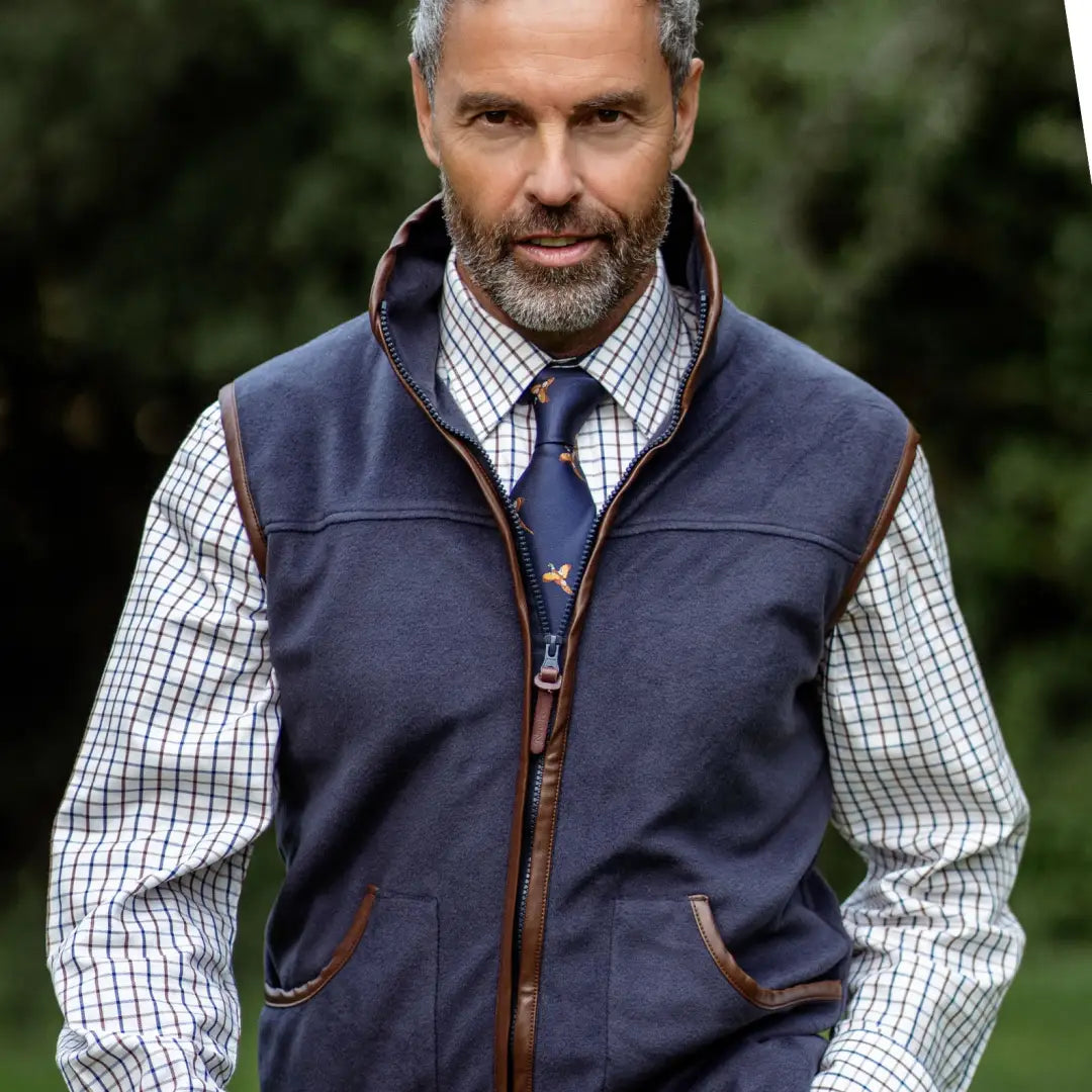 Navy vest with brown trim from New Forest Fleece Gilet, cozy forest fleece gilet