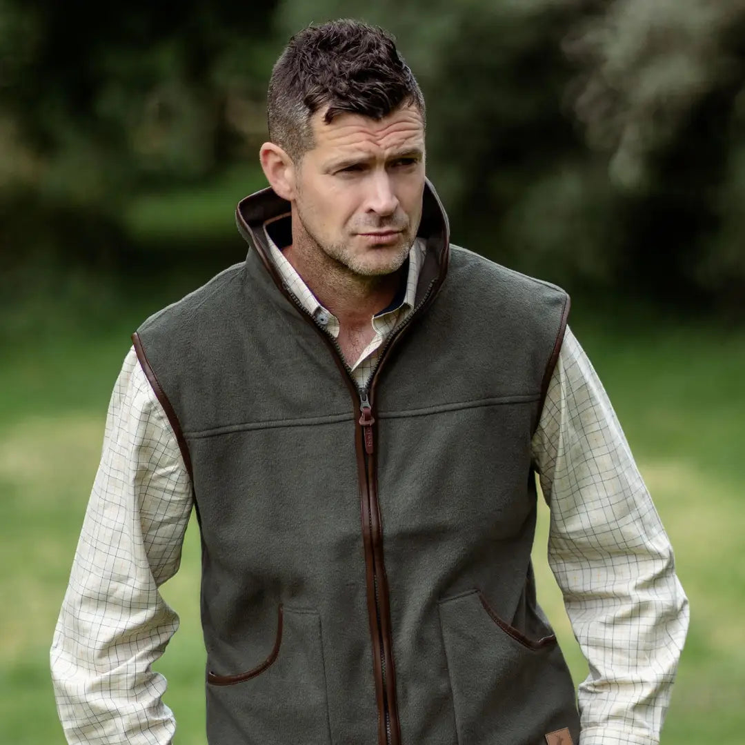 Olive green fleece gilet with brown trim from New Forest Fleece Gilet collection