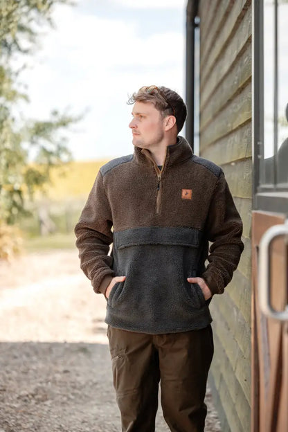 Man wearing New Forest Fox Fibre Pile Fleece in brown and gray, comfy fleece pullover