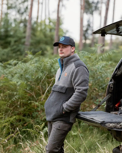 Man in gray Fibre Pile Fleece sweater from New Forest Fox Fibre Pile Fleece line
