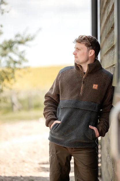 Man wearing New Forest Fox Fibre Pile Fleece in brown and gray pile fleece style