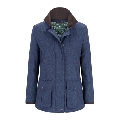 Blue women’s New Forest Jessica Tweed Field Coat with brown collar and pockets