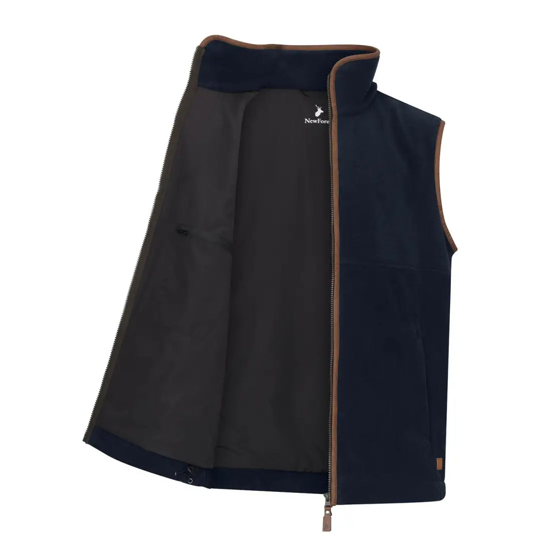Open navy blue knightwood fleece gilet with brown trim from Forest Knightwood