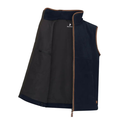 Open navy blue knightwood fleece gilet with brown trim from Forest Knightwood