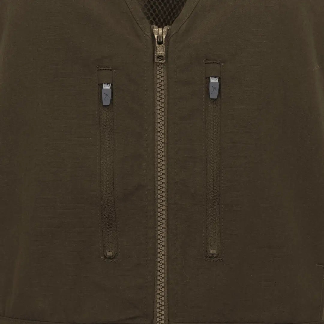 Olive green dog training vest with zipper and silver pull tab pockets