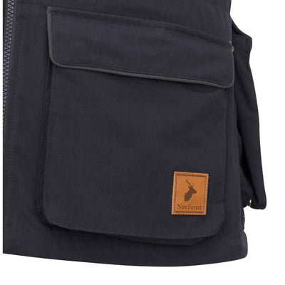 Dark navy New Forest dog training vest pocket with tan leather stag patch