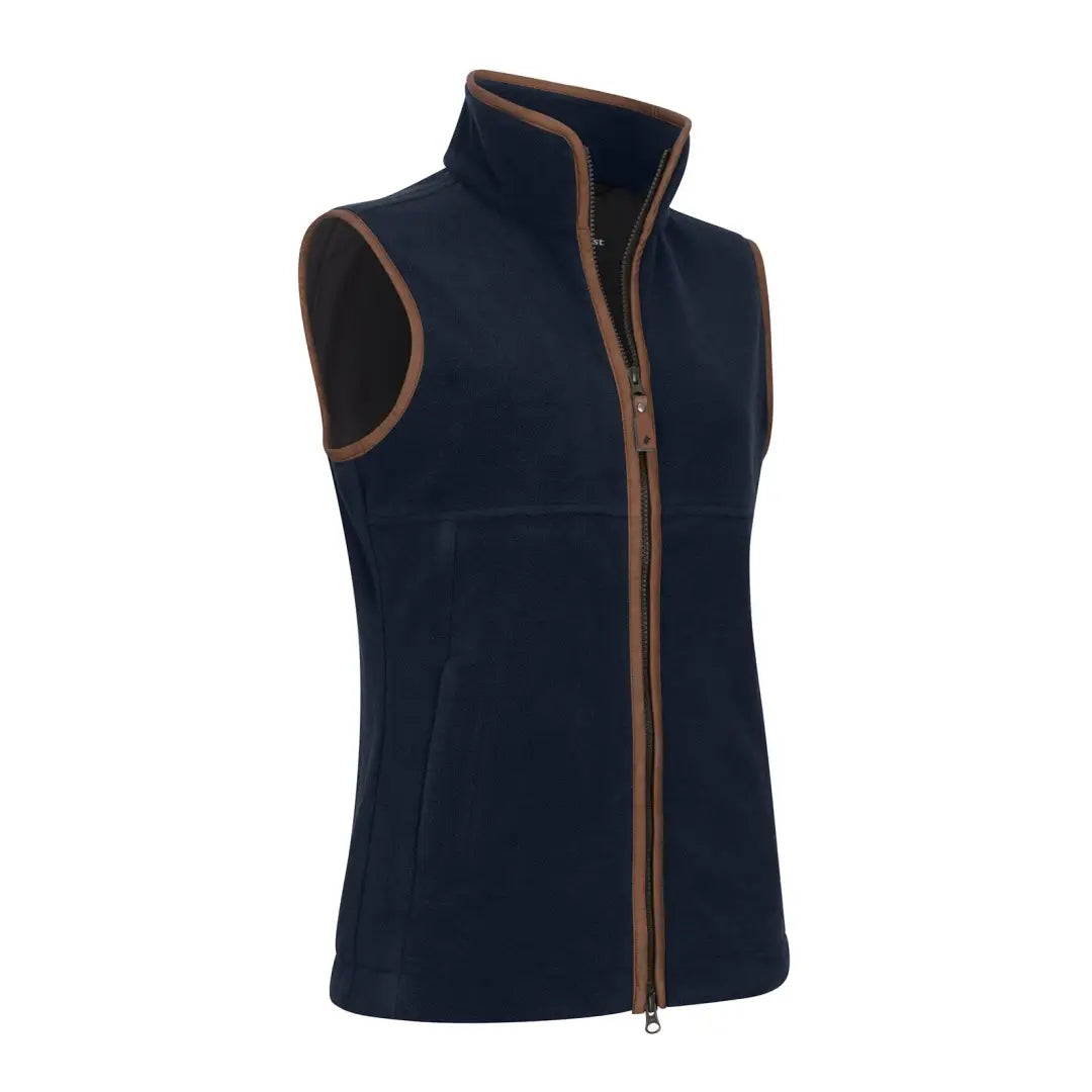 Navy fleece vest with brown trim from New Forest Ladies Knightwood Gilet, great for country clothing and outdoor hunting wear