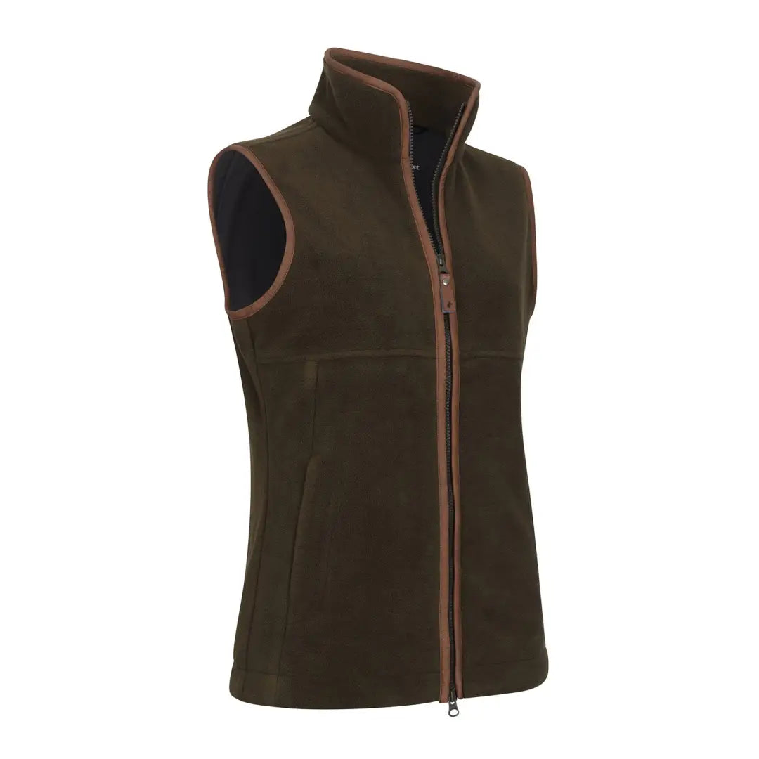 Olive green fleece vest with brown trim from New Forest Ladies Knightwood Gilet for outdoor country clothing and hunting gigs