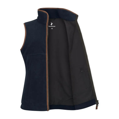 Open navy blue New Forest Ladies Knightwood Gilet with brown trim for country outdoor hunting clothing