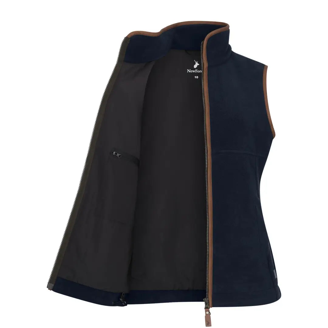 Navy blue New Forest Ladies Knightwood Gilet with brown trim for country clothing and outdoors