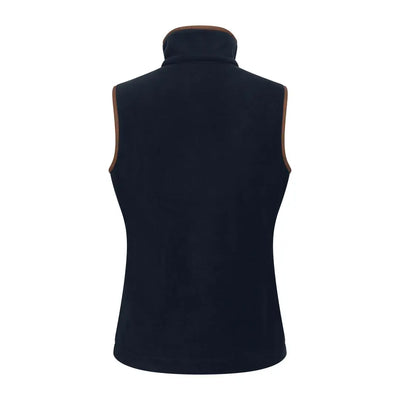 Navy blue country clothing vest with brown trim for hunting and outdoor adventures